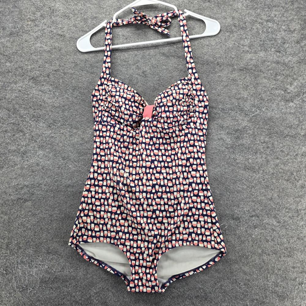 Boden One Piece Womens 8 Blue Geometric Lined Padded Built-In Bra Halter